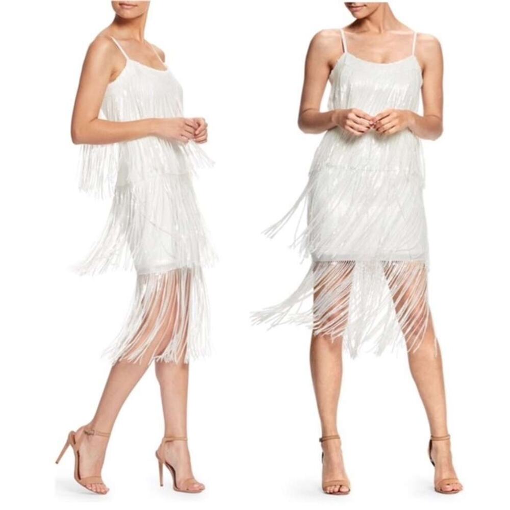 NWOT Dress the Population Roxy Sequin Fringe Dress in White Size Small